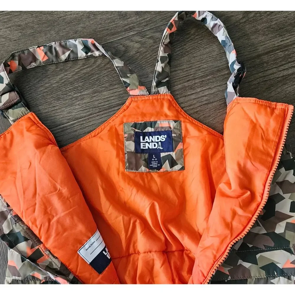 Kid's Lands End Iron Knee Insulated Winter Snow Bibs Camo Orange Hunting L 10-12